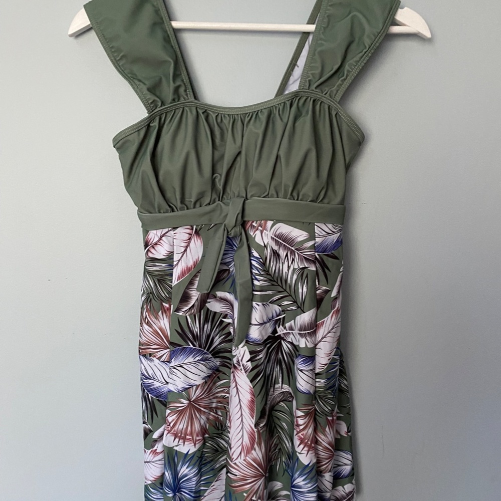 Feather Print Wide Strap Swimdress with Bow Ruching
